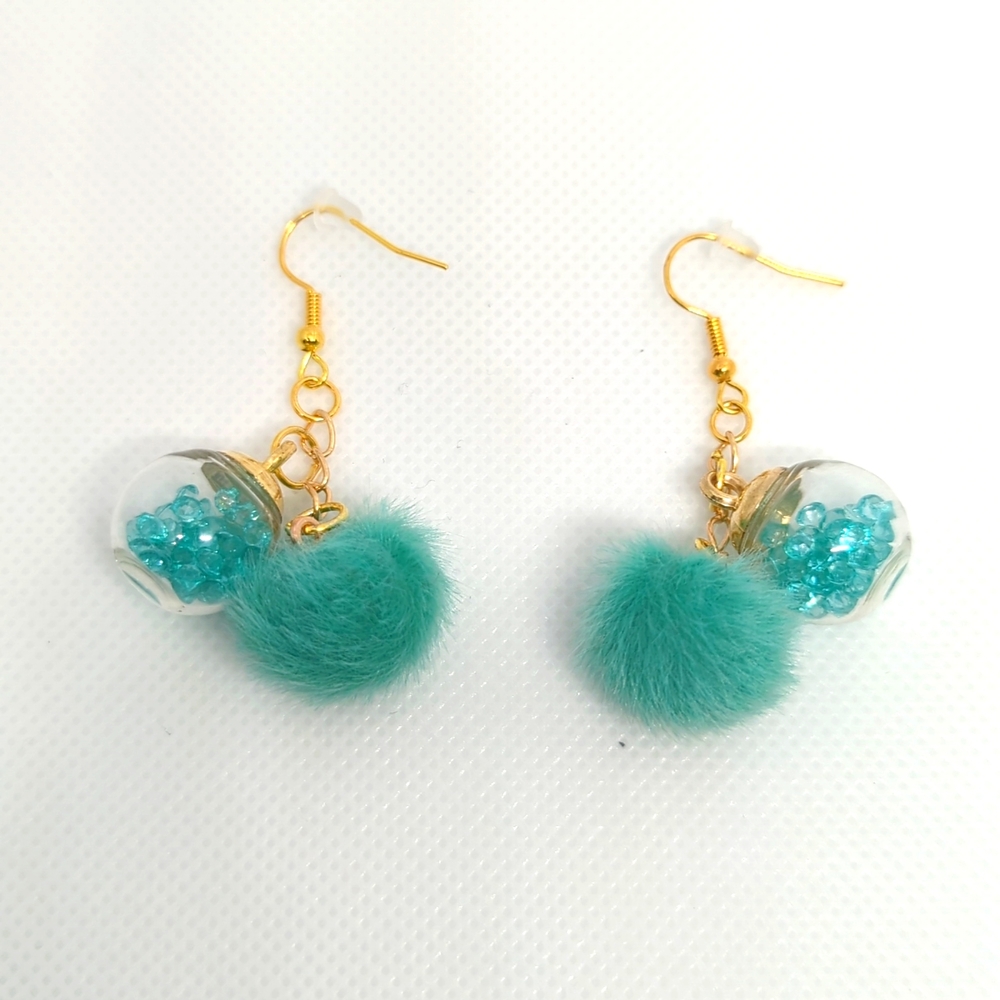 Turquoise Fur Ball and Glitter Ball Cluster Earrings